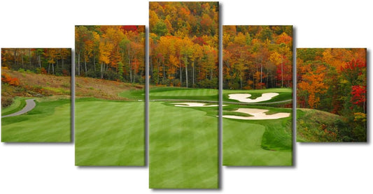 Golf Course Paintings Green Fairway Wall Art 5 Panel Printed on Canvas for Living Room Golfing Sport Pictures Contemporary Artwork Modern Home Decor Giclee Framed Stretched Ready to Hang - 60"W x 32"H