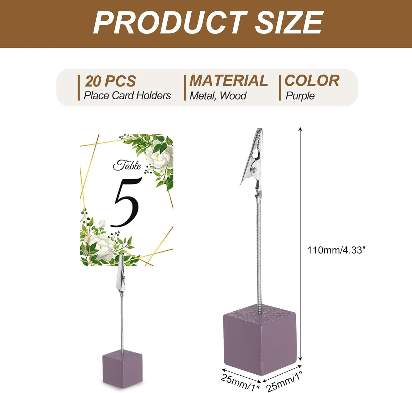 PATIKIL Place Card Holder, 20Pcs Memo Clip Holder Stand with Alligator Clasp Table Number Holders Wooden Base for Pictures Note Card Paper, Dark Purple