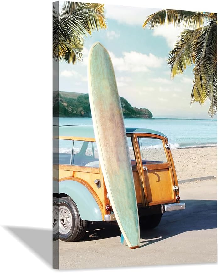 coastal wall art surfboard pictures: beach car wall decor seaside artwork surfing ocean print in beach canvas painting for bedroom 36" x 24"