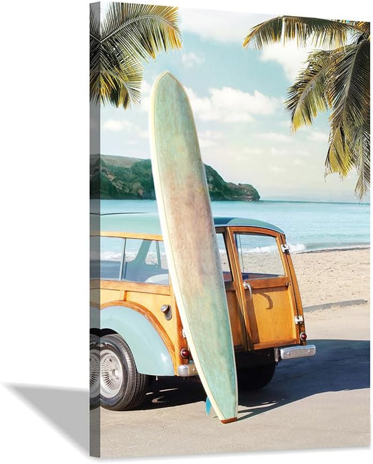 coastal wall art surfboard pictures: beach car wall decor seaside artwork surfing ocean print in beach canvas painting for bedroom 36" x 24"