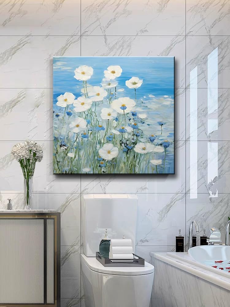 dgbtcart Bathroom Wall Art White Daisy Flower Picture Decor, Textured Blue Floral Painting Modern Artwork Canvas Print for Bedroom Office Home Decoration - 14"x14"