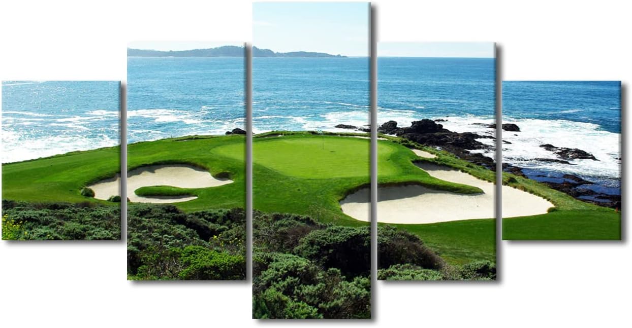 5 Pieces Golf Wall Art Canvas Wall Art Pebble Beach Golf Course Picture Canvas Wall Art Decoration for House Living Room Bedroom Gallery Wrap Modern Home Art Framed Ready to Hang - 60" W x 32" H