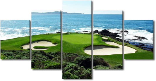 5 Pieces Golf Wall Art Canvas Wall Art Pebble Beach Golf Course Picture Canvas Wall Art Decoration for House Living Room Bedroom Gallery Wrap Modern Home Art Framed Ready to Hang - 60" W x 32" H