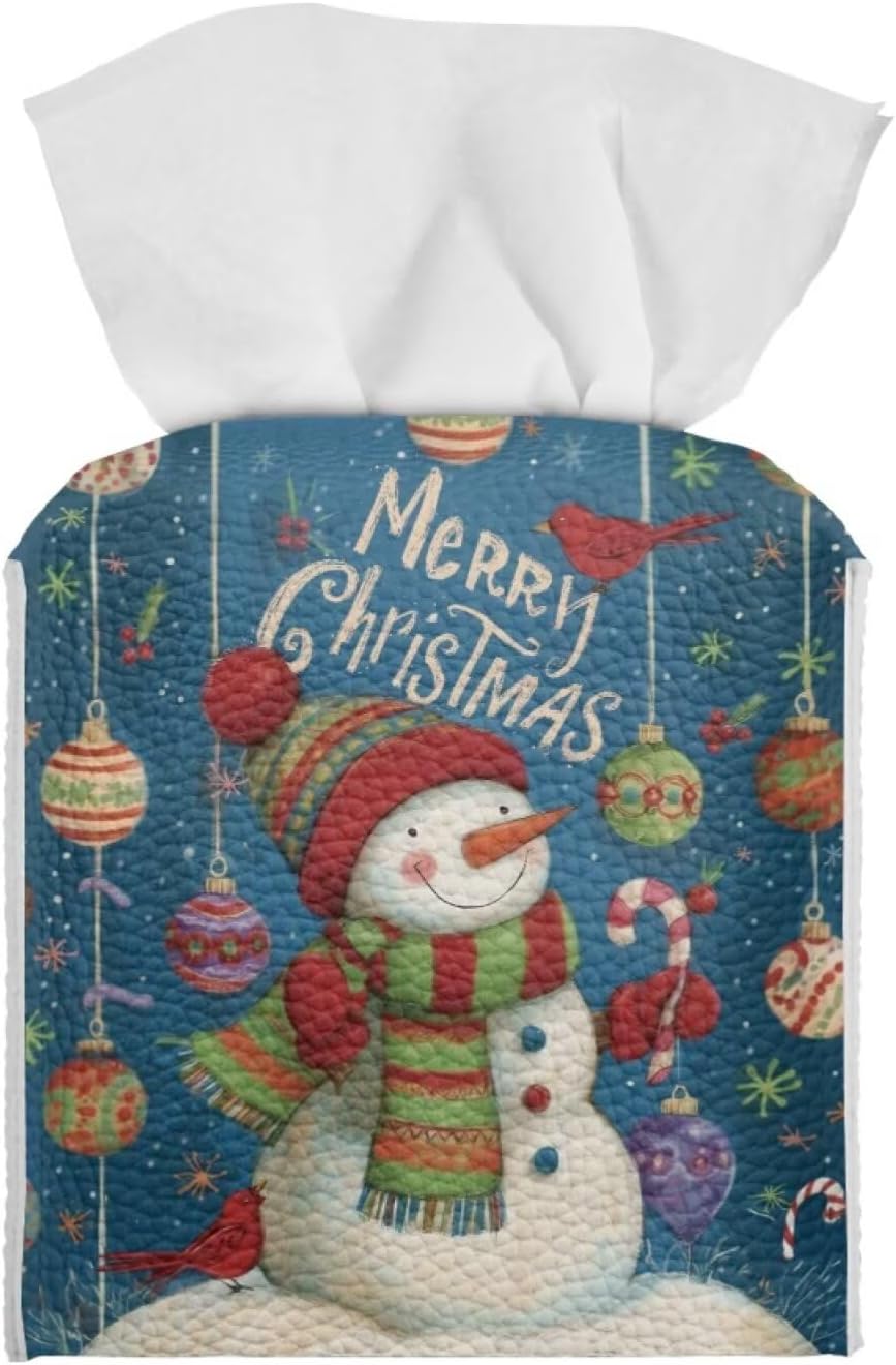 Christmas Snowman Tissue Box Cover Square 5X5X5 inch Tissue Box Cute Facial Paper Holder Organizer Holiday Home Office Bedroom Car Bathroom Decor