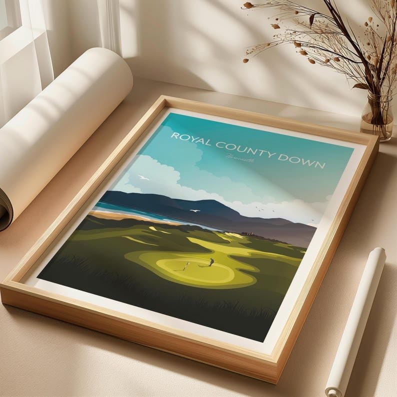 Nationcog Royal County Down Golf Print - Newcastle, Northern Ireland, Royal County Down Poster, Vintage Golf Travel Poster, Scenic Golf Course Art, Golf Course Wall Art (Unframed) (16x24)