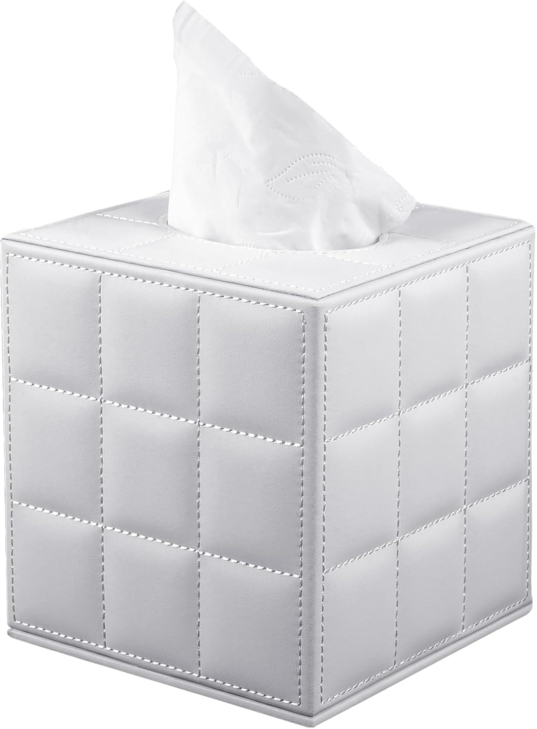 Tissue Box Cover Square Tissue Box Holder PU Leather Facial Organizer with Magnetic Bottom,Decorative Napkin Caddy for Vanity Dresser Night Stand Table Countertop Home Office Car,White