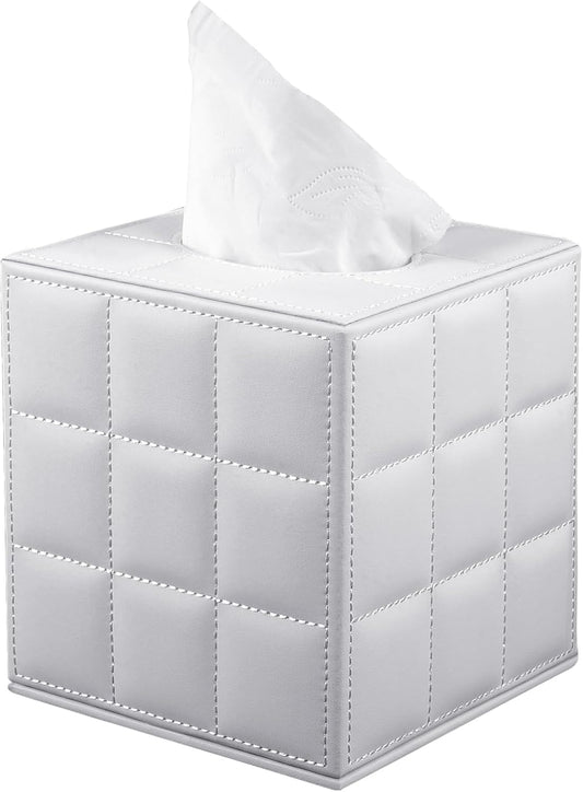 Tissue Box Cover Square Tissue Box Holder PU Leather Facial Organizer with Magnetic Bottom,Decorative Napkin Caddy for Vanity Dresser Night Stand Table Countertop Home Office Car,White