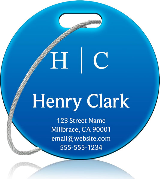 Personalized Luggage Tags for Suitcases - Stainless Steel Custom Luggage Tags for Backpacks & Bags, Sturdy, Waterproof & Heavy Duty (Blue/Round)