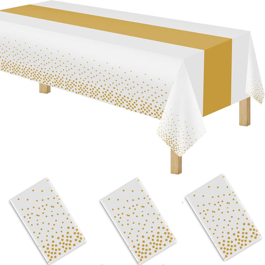 3 Pack 2in1 Disposable Plastic Tablecloths 54" x 108" White and Gold Dot Party Table Cloth Rectangle Table Cover for Wedding Birthday Baby Shower Anniversary Christmas New Year Party Decorations