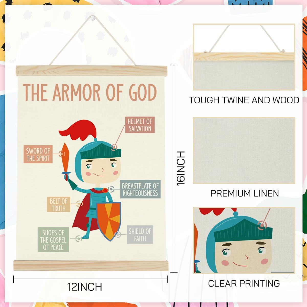 WINGTECA Kids Scripture Poster Christian Boho Decor Hanger Frame Classroom Back to School Decorations The Armor of God Colorful Wall Hanging Banner Decor for Classroom Kids Room Preschool 12x16Inch