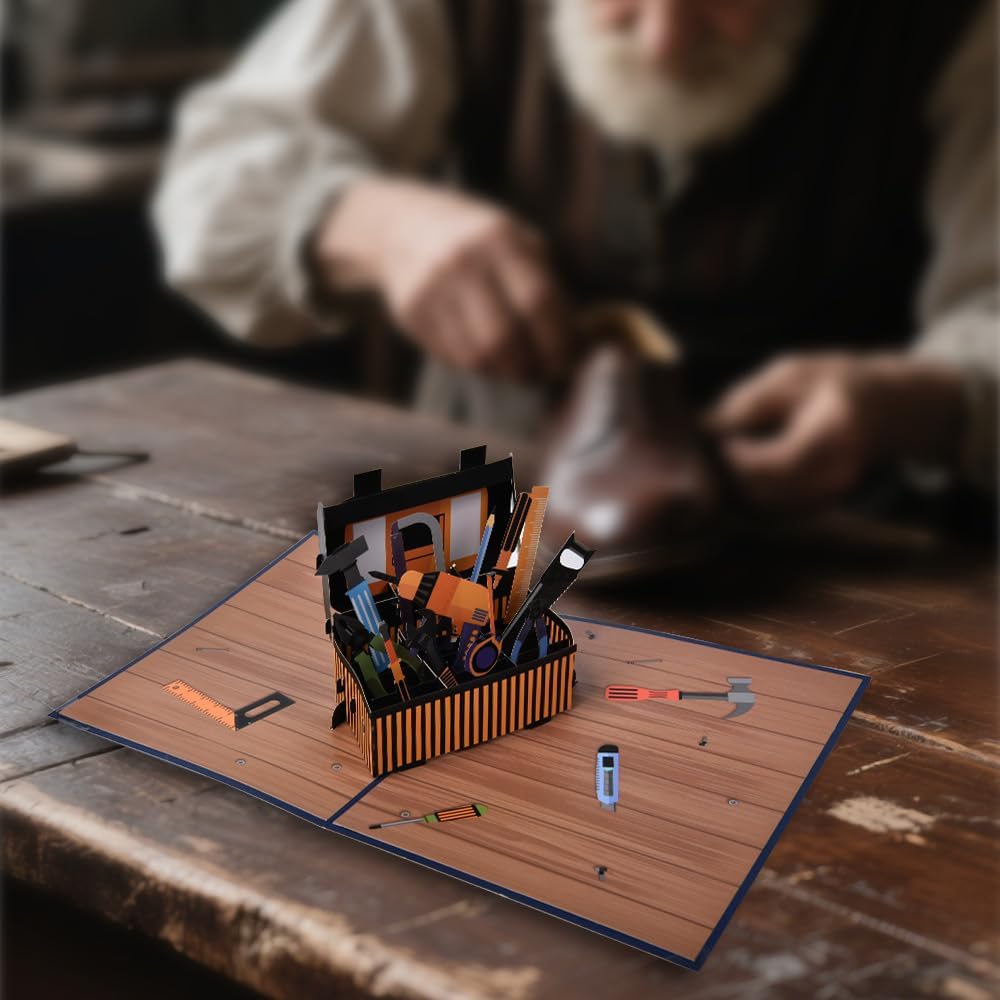 3D pop-up greeting card, hollowed out paper carving design,pop-up display Toolbox Greeting Card - Screwdriver/Toolbox Embossed Mechanical Wind Father's Day/Engineer Creative Gift Card- with envelope and blank label(Toolbox)