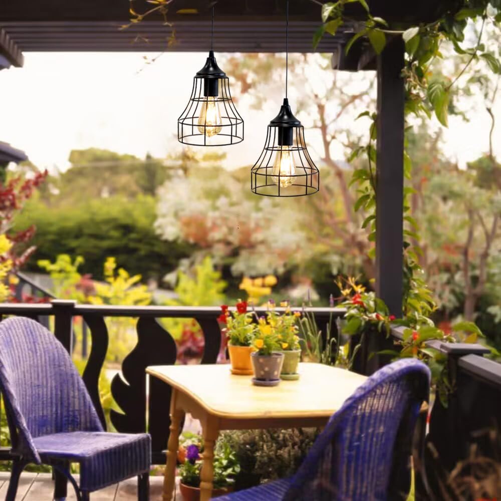 JHY DESIGN Hanging Lamp Set of 2 Battery Powered Decorative Pendant Lamp Metal Cage Battery Lamp with 6 Hours Timer for Bar Bedroom Garden Parties Patio Indoor Outdoor Living Room(Geometry)