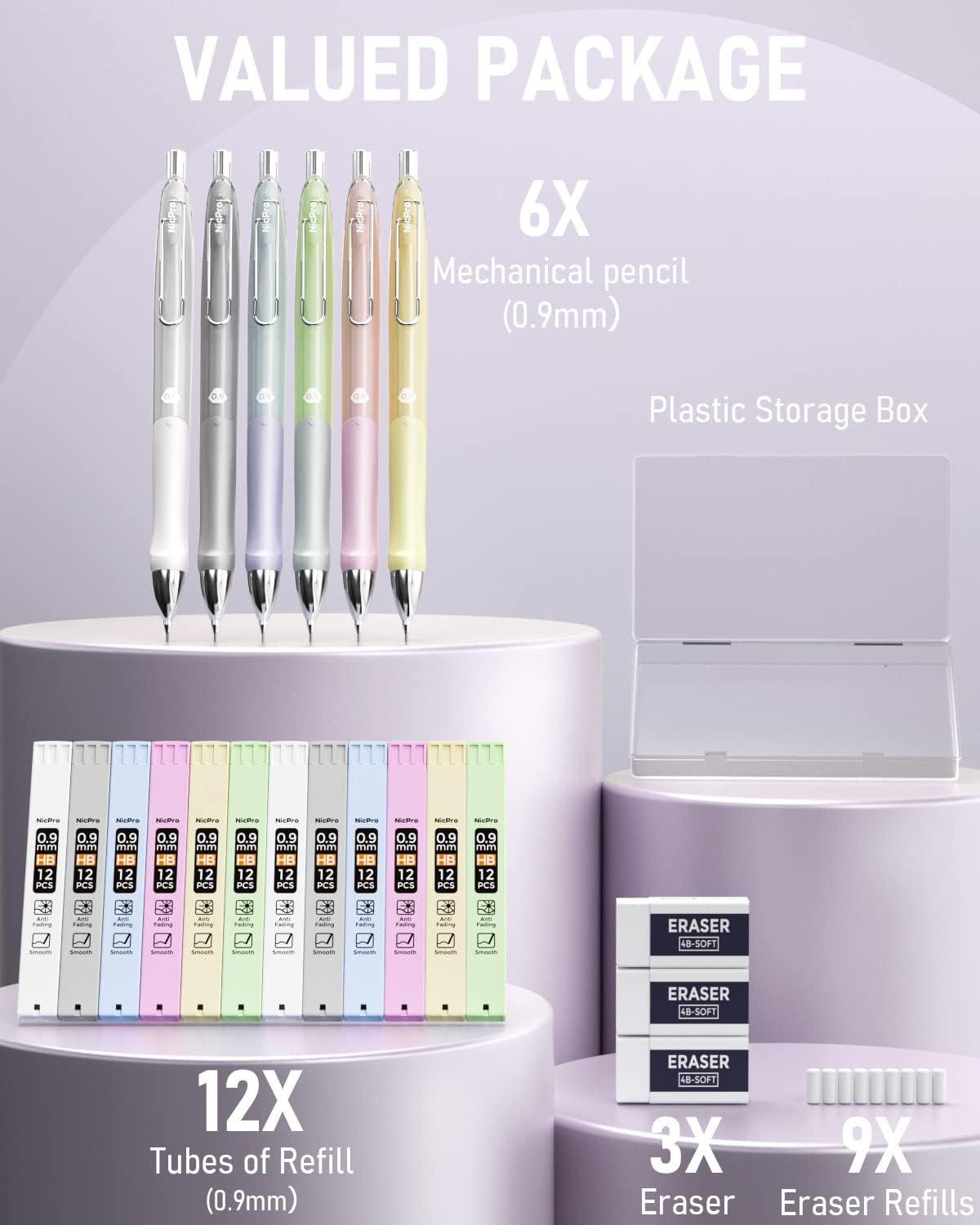 Nicpro 6PCS Pastel Mechanical Pencil Set 0.9 mm, Cute Mechanical Pencils 0.9 with Comfort Grip with 12 Tube HB Lead Refill, 3 Eraser, 9 Eraser Refill for Student Writing, Drawing, Sketching- with Case