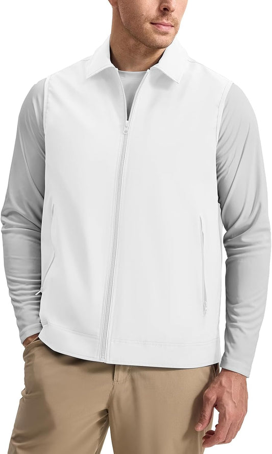 Rdruko Men's Golf Vest Lightweight Outerwear Windproof Water Resistant Grid Lining Vest with Zipper Pockets for Casual