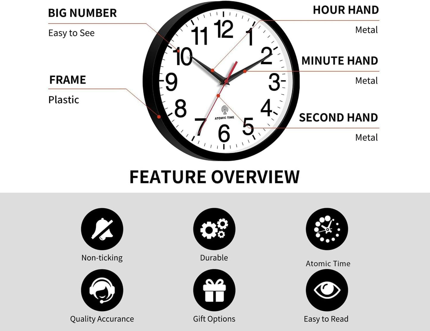 Atomic Wall Clock, Modern 10 Inch Battery Operated Wall Clocks, Analog Clock for Living Room, Office, Home, Bedroom, Kitchen, Bathroom(Black)