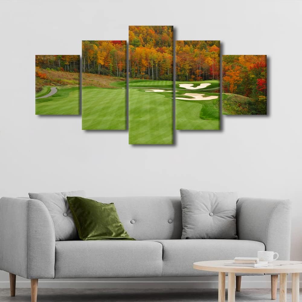 Golf Course Paintings Green Fairway Wall Art 5 Panel Printed on Canvas for Living Room Golfing Sport Pictures Contemporary Artwork Modern Home Decor Giclee Framed Stretched Ready to Hang - 60"W x 32"H