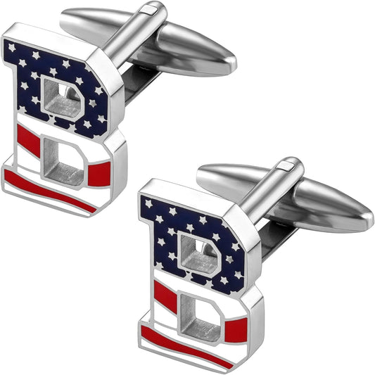 AMITER Initial Cufflinks for Men, American Flag Pattern Cuff Links Men's Shirt Studs Suit Accessories Gift