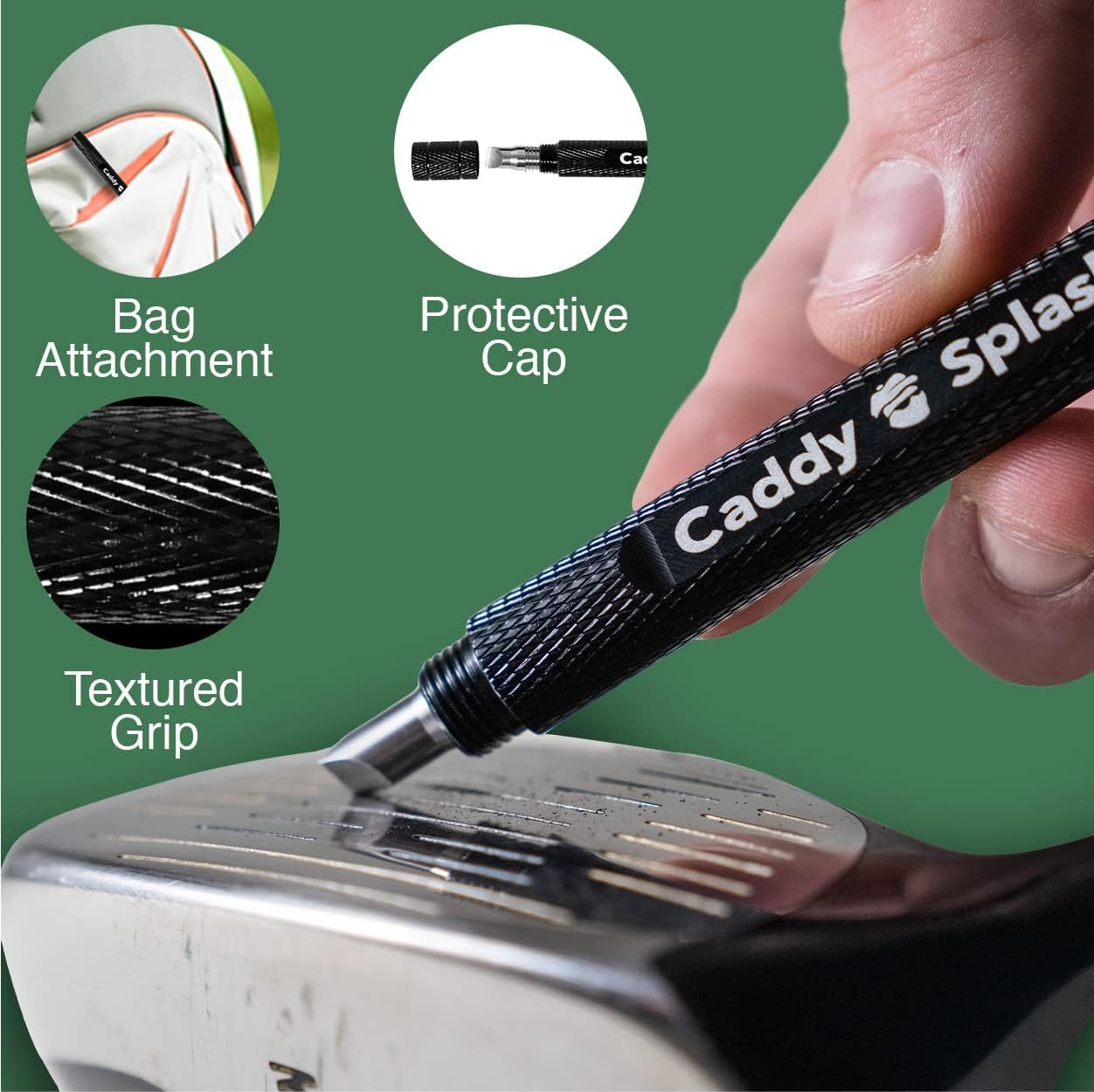 Caddy Splash Golf Club Groove Sharpener Tool - 3-in-1 Golf Club Cleaner for Wedge, Iron - Oblique, Straight, Spike Replacement Tips for U & V Grooves - Aluminum-Alloy Shaft, Heat-Treated Steel