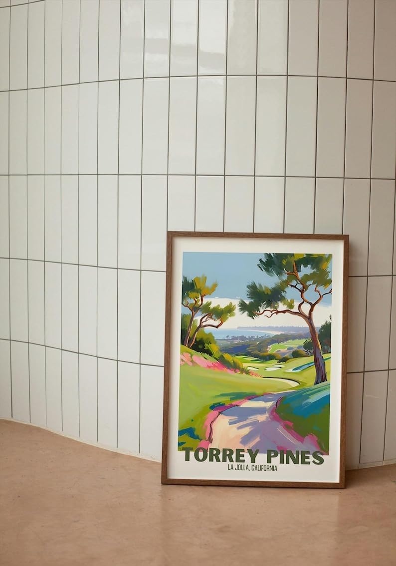 Nationcog Torrey Pines Golf Course Poster, Vintage California Travel Wall Art Print, Retro Coastal Landscape Painting, Retro Golf Artwork for Dog Lovers, Husband, or Golf Friends (Unframed) (27x40)