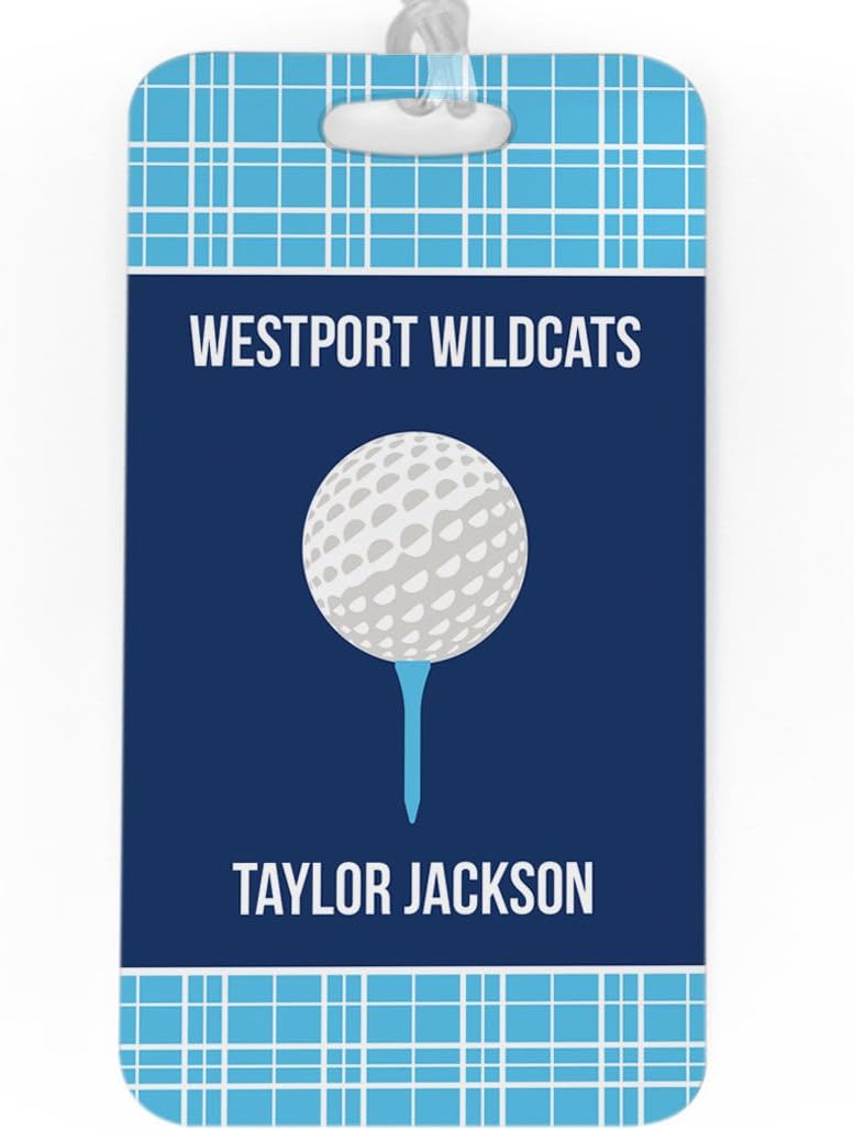 ChalkTalkSPORTS Golf Luggage & Bag Tag | Personalized Team with Golf Ball | Standard Lines on Back | Large | Carolina/Navy
