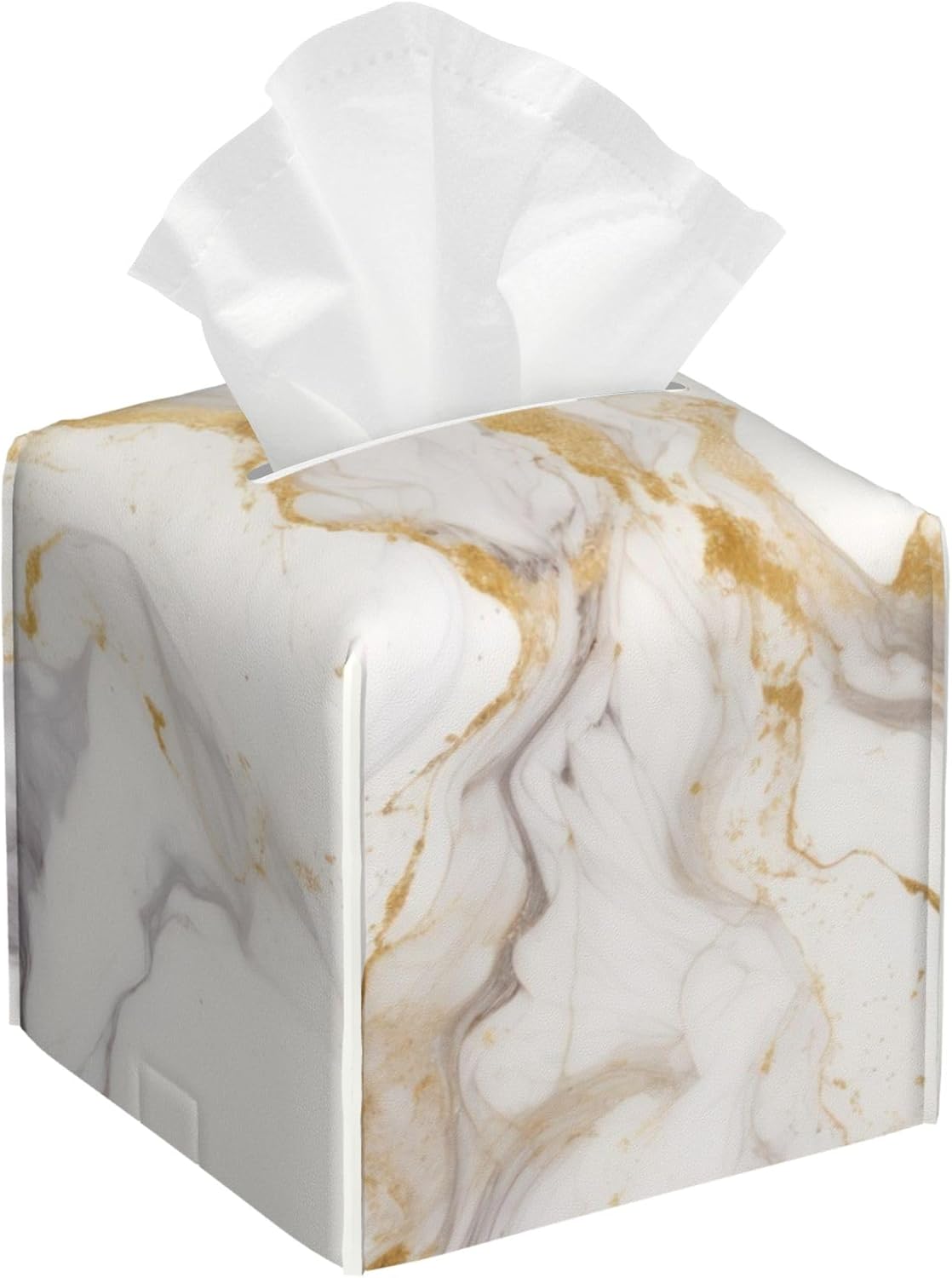 Tissue Box Cover,Grey Golden Marble Pu Leather Square Tissue Box Cover Case Organizer Cube Holder for Bathroom Vanity Countertop Night Stands Office Desk & Car 5.2X5.2X5.2''