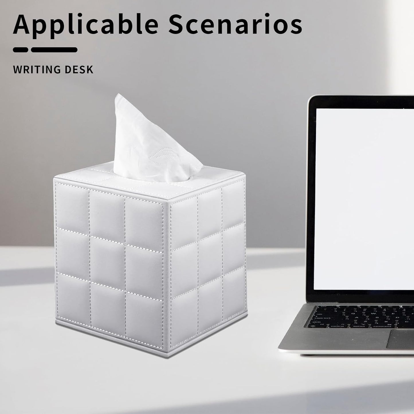 Tissue Box Cover Square Tissue Box Holder PU Leather Facial Organizer with Magnetic Bottom,Decorative Napkin Caddy for Vanity Dresser Night Stand Table Countertop Home Office Car,White