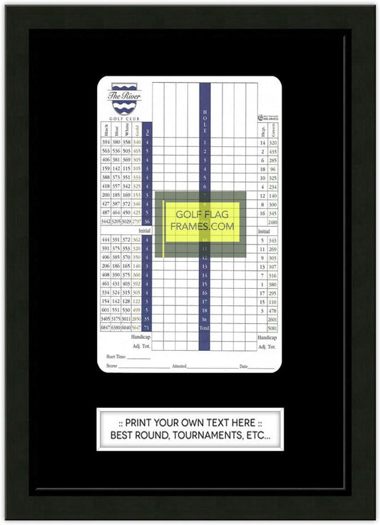 Custom Size Golf Scorecard Frame; Black Wood Frame 416, Scorecard Size 5x8V, Mat Color Black
