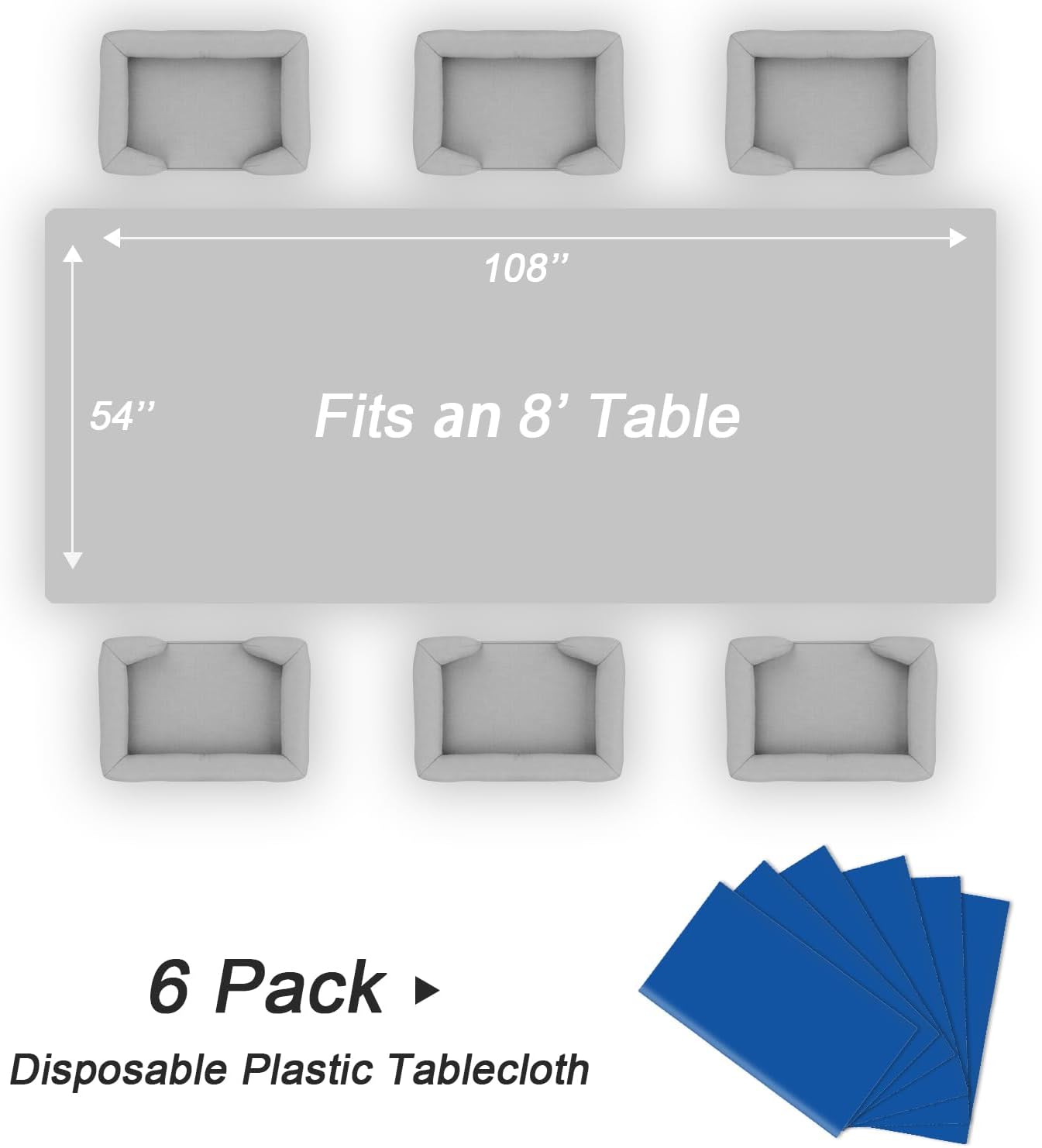 QIKSION Plastic Table Cloth Disposable 6 Pack, 54 x 108 Inch Tablecloths for Rectangle Tables, Blue Plastic Table Cover