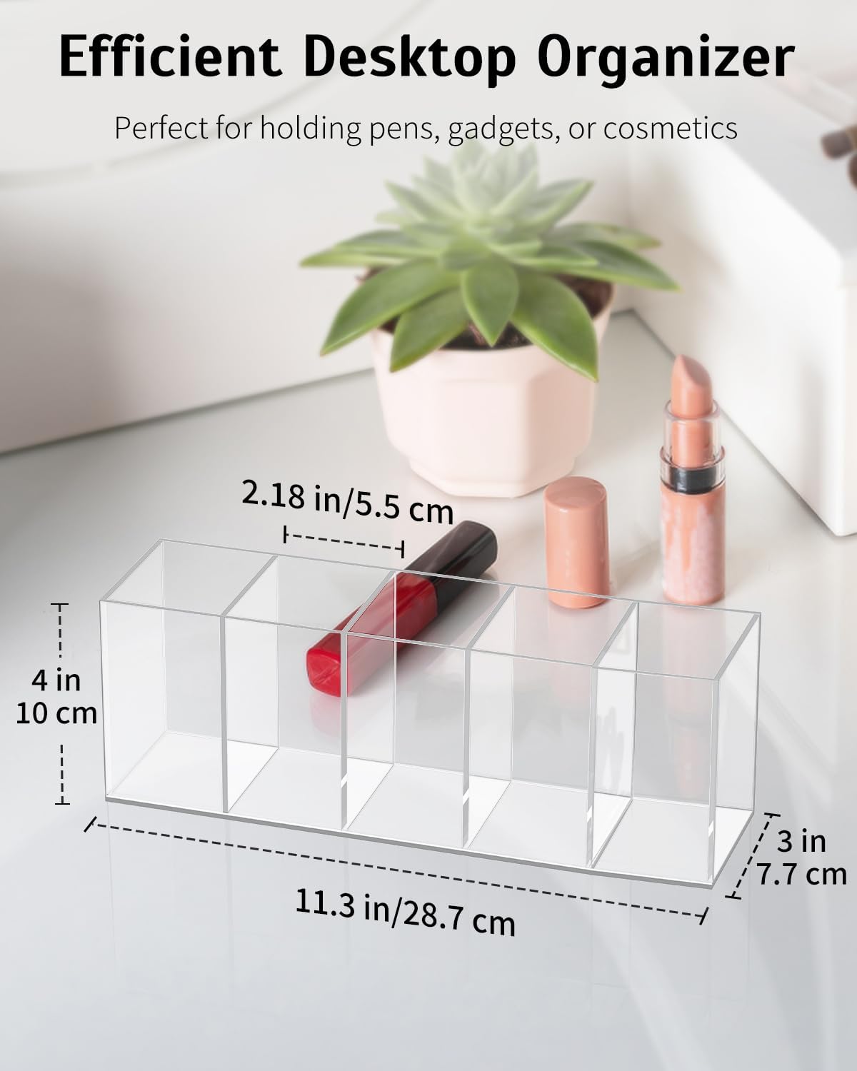 Uniclife Clear Acrylic Pen Holder for Desk, Plastic Pencil Holder Pen Organizer with 5 Compartments, Desktop Stationery Organizer for Office Home School, Vertical Makeup Brush Holder, 11.3" x 3" x 4"