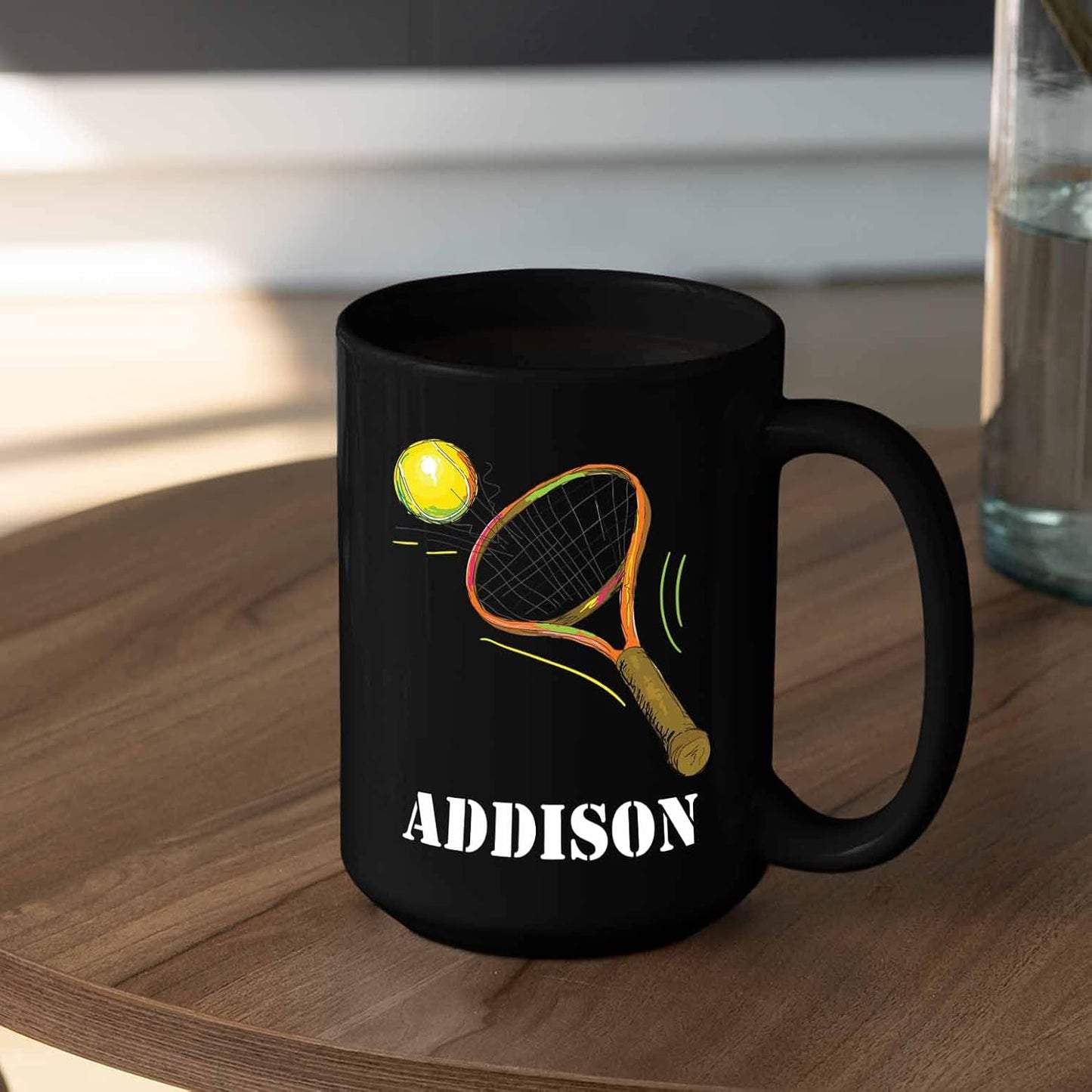 Personalized Tennis Coffee Mugs Cups With Name, Customized Tennis Sport Player Coffee Cup Gifts For Team Coach Tennis Lover, Tennis Ball Black Ceramic Mug 11 Oz 15 Oz, Tennis Players Travel Mug Gift
