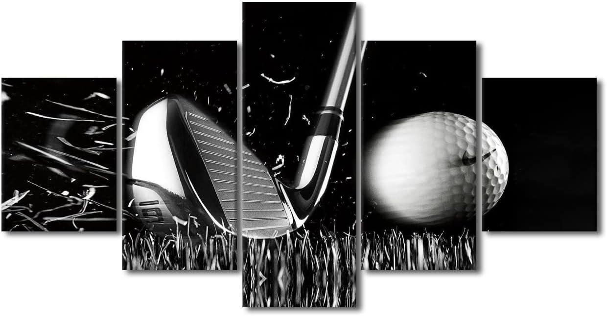 White and Black Golf Course Pictures Wall Art Golf Ball Paintings Multi Panel Printed on Canvas Golf Course Artwork Modern Home Decoration Giclee Wooden Framed Gallery-Wrapped Ready to Hang-60 Wx32 H