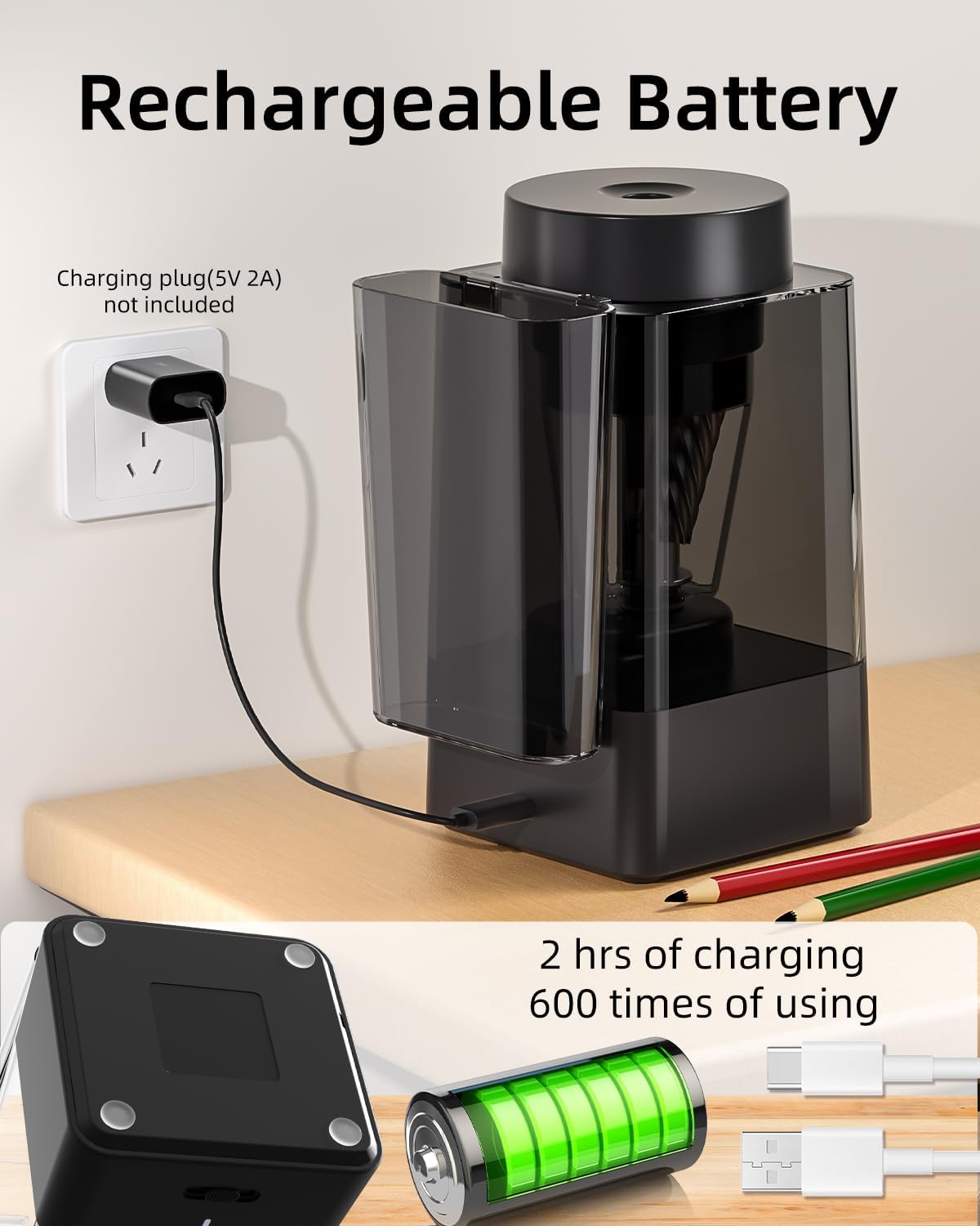 Zmol Full Automatic Electric Pencil Sharpener for Colored Pencils,Auto in & Out, Rechargeable Hands-Free,Heavy Duty Pencil Sharpeners for Classroom, 6-12mm Jumbo Pencils,Home,School,Office