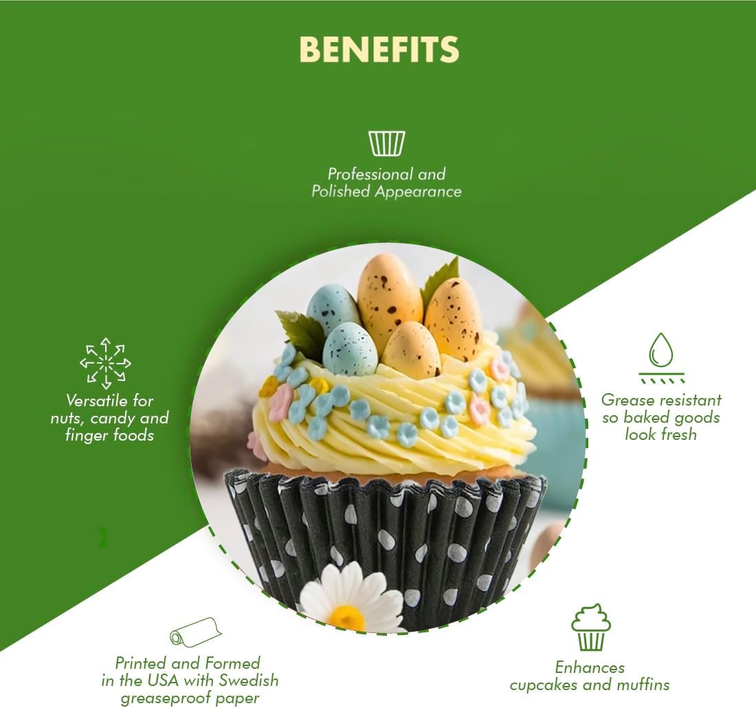 Regency Wraps Greaseproof Professional Grade Baking Cups, Pack of 40, Standard Liners, Black Polka Dots, for Cupcakes, Muffins, Candy, Non Stick