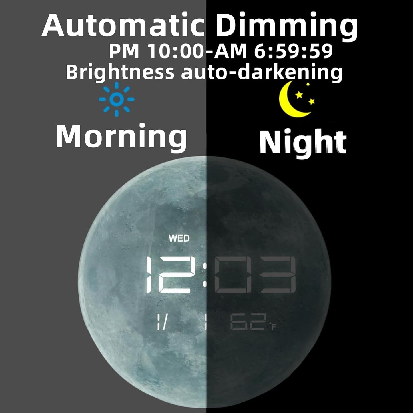 13" Digital Wall Clock with LED Display, Calendar & Temperature, Automatic Dimming, 12/24hr Format, Wall & Desk Use - HUI-7860