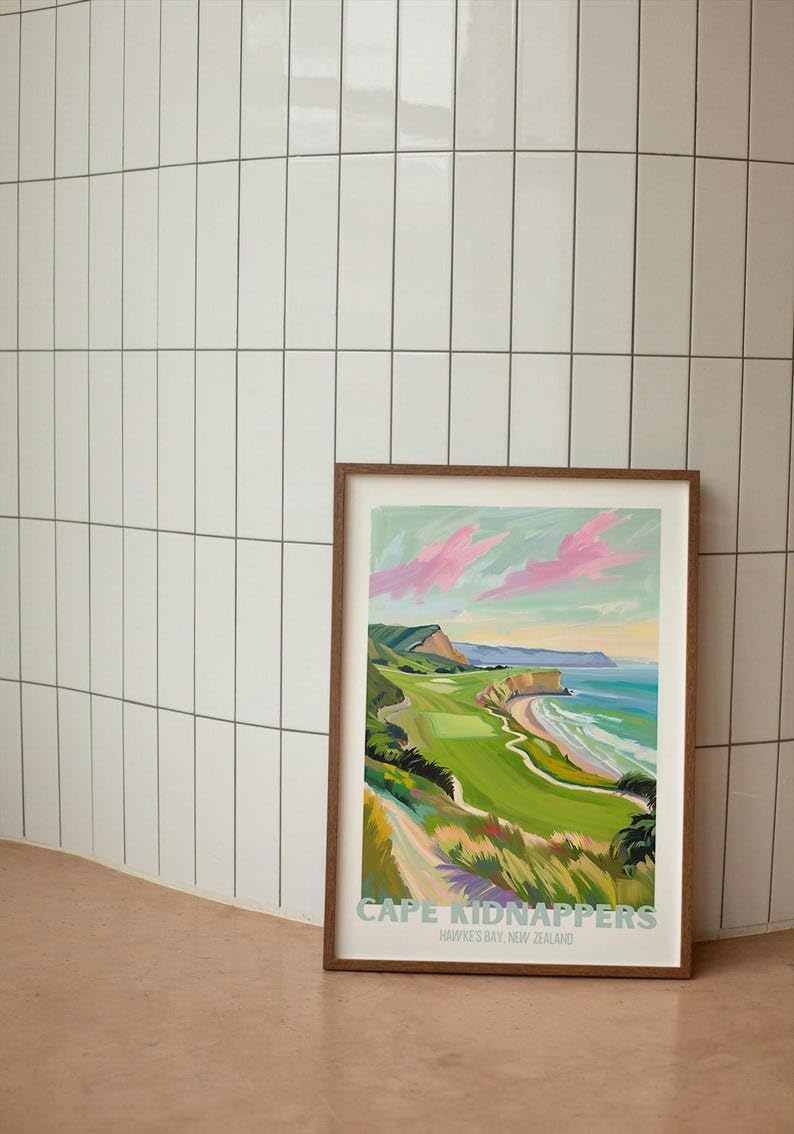 Nationcog Golf Wall Art Print, Cape Kidnappers New Zealand Golf Course Poster, Scenic Coastal Painting, Trendy Sports Decor, Vintage Golf Artwork, Ideal Gift for Golf Lovers (Unframed) (11x14)