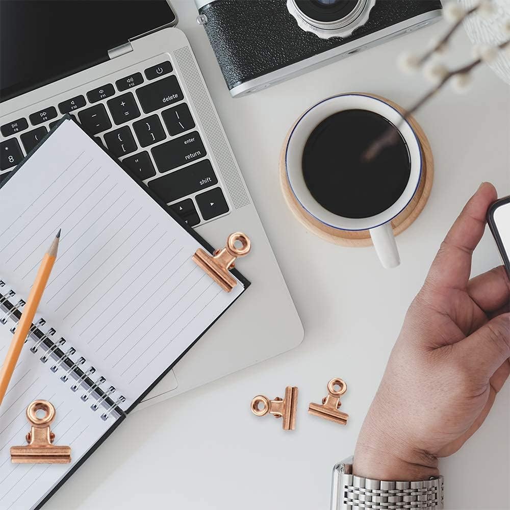 12 Pack Bulldog Clips with Push-pins for Corkboard,Metal Clips for Crafts, Metal Binder Clips for Pictures, Spring Paper Clamps for Office Documents (Rose Gold,1.5inch)