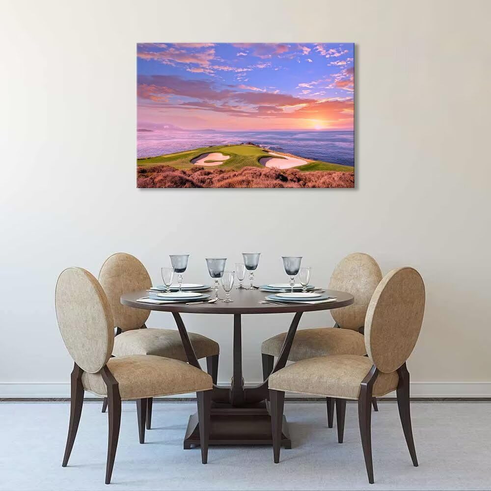 Pebble Beach Golf Course Hole 7 Wall Art Prints - Monterey California USA Golf Course Canvas Wall Art for Living Room Bedroom Bathroom Home Decorations Gifts Framed Ready to Hang(18''H x 24''W)