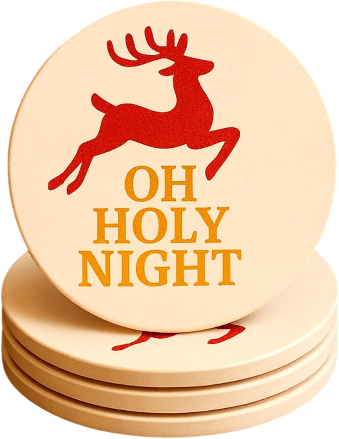 Christmas Ceramic Coasters Set of 4,“Oh Holy Night” Reindeer Absorbent Stone Drink Coasters with Non-Slip Cork Backing for Coffee Table, Holiday Party, Winter Home & Kitchen Decor