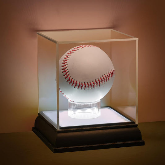 Baseball Display Case with Led Light, UV Protected Clear Acrylic Cube with Wood Base Stand, Sports Memorabilia Showcase Autograph Ball Holder for Official Size Ball Display