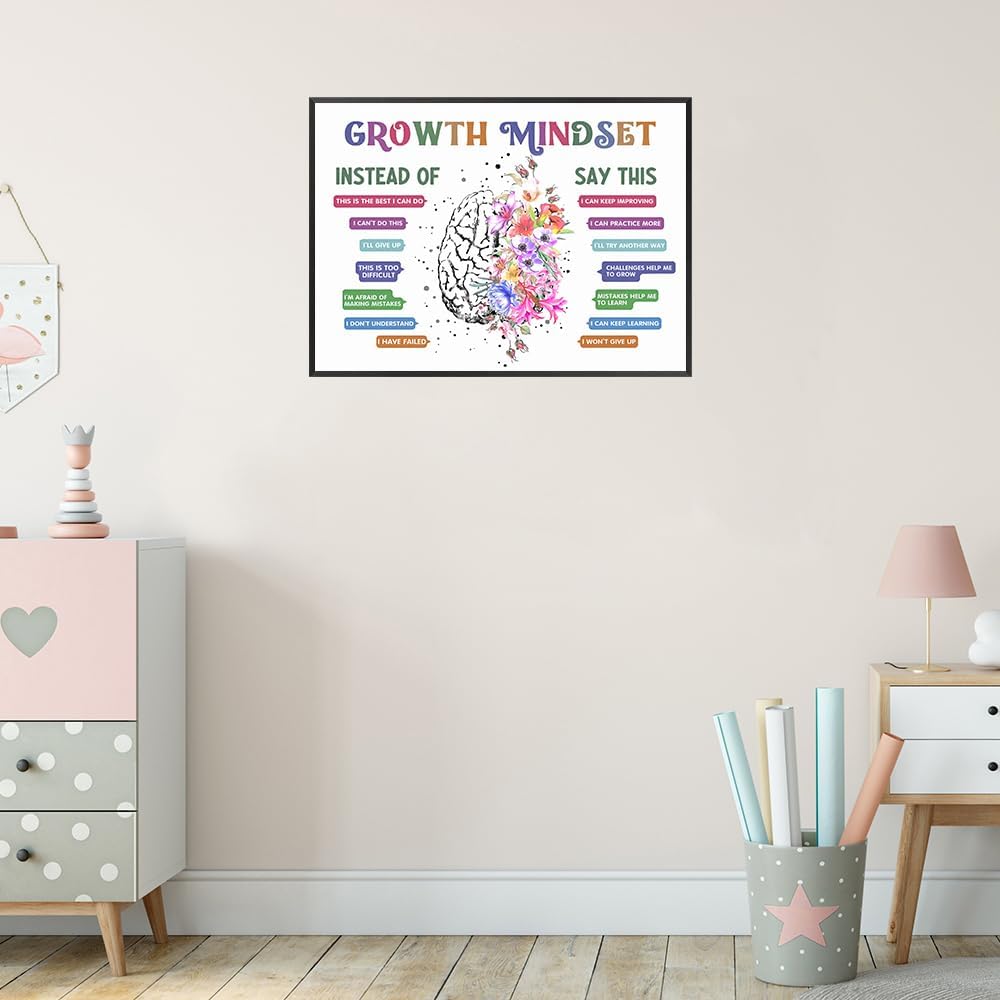 uoyien Classroom Growth Mindset Affirmations for Kids Mental Health Posters Brain Poster Psychology Special Education Calm Corner Wall Art Office Therapy Canvas Wall Decor Prints 12x16in Metal Framed