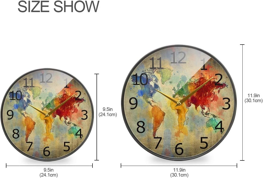 ALAZA Vintage Colorful World Map Grunge Acrylic Painted Silent Non-Ticking Round Wall Clock, 12 Inch Battery Operated Quiet Bathroom Clock for Living Room Kitchen Office Decor