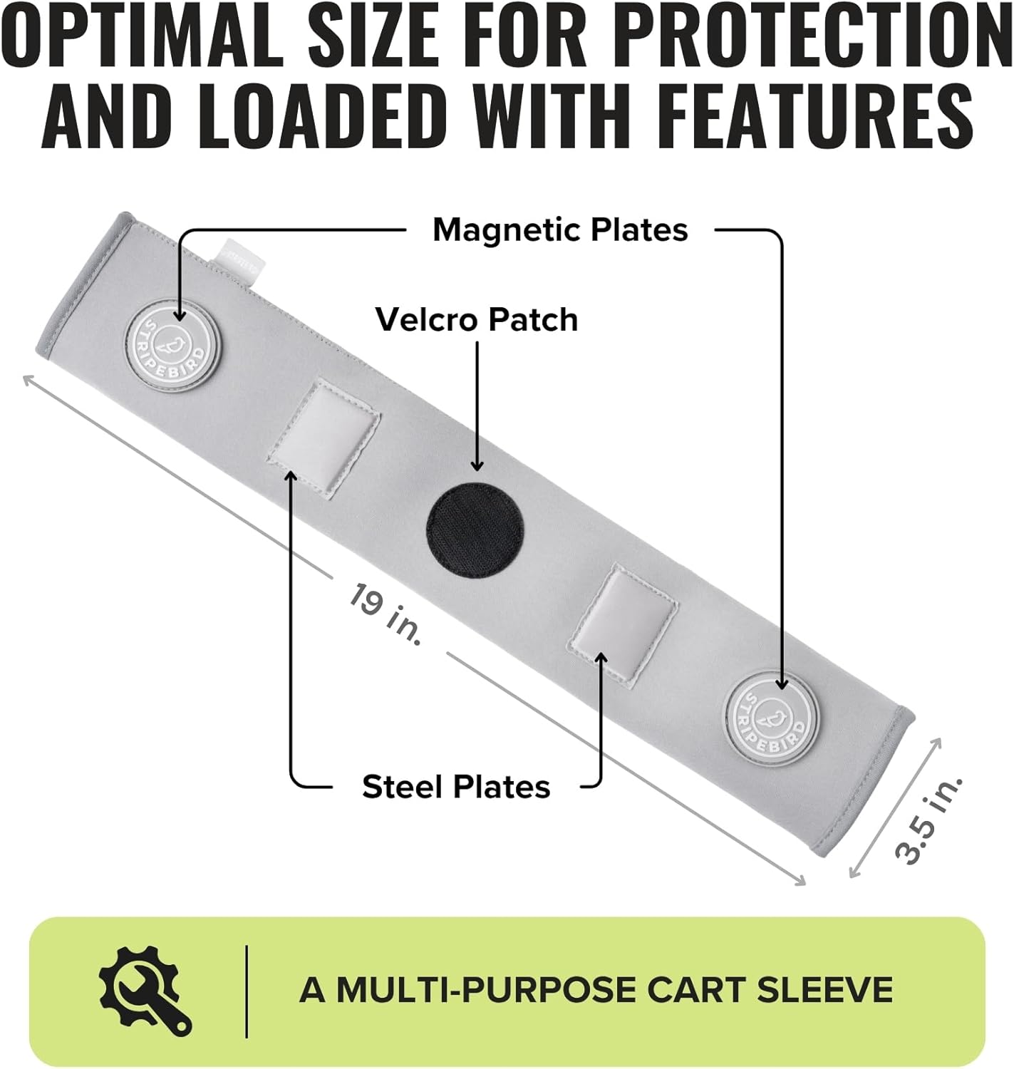 Stripebird - Premium Golf Cart Strap Sleeve Protector - Save Your Golf Bag from Golf Cart Straps - Includes Magnetic and Steel Plate for Magnetic Golf Accessories