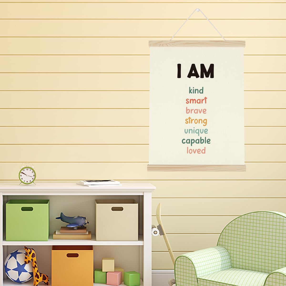 WINGTECA Affirmations for Kids Poster Hanger Frame Classroom Back to School Decorations I am Kind Smart Colorful Wall Hanging Banner Decor for Classroom Kids Room 12x16Inch