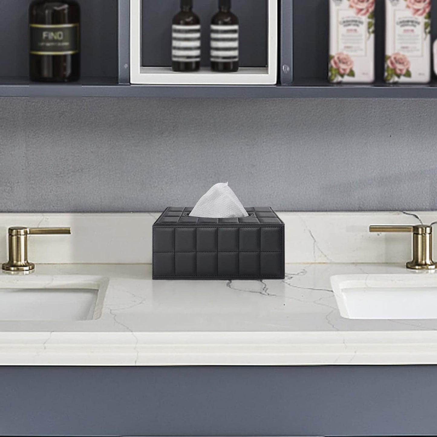 Tissue Box Cover Rectangle Tissue Box Holder PU Leather Facial Organizer with Magnetic Bottom,Decorative Napkin Caddy for Vanity Dresser Night Stand Table Countertop Home Office Car,Black