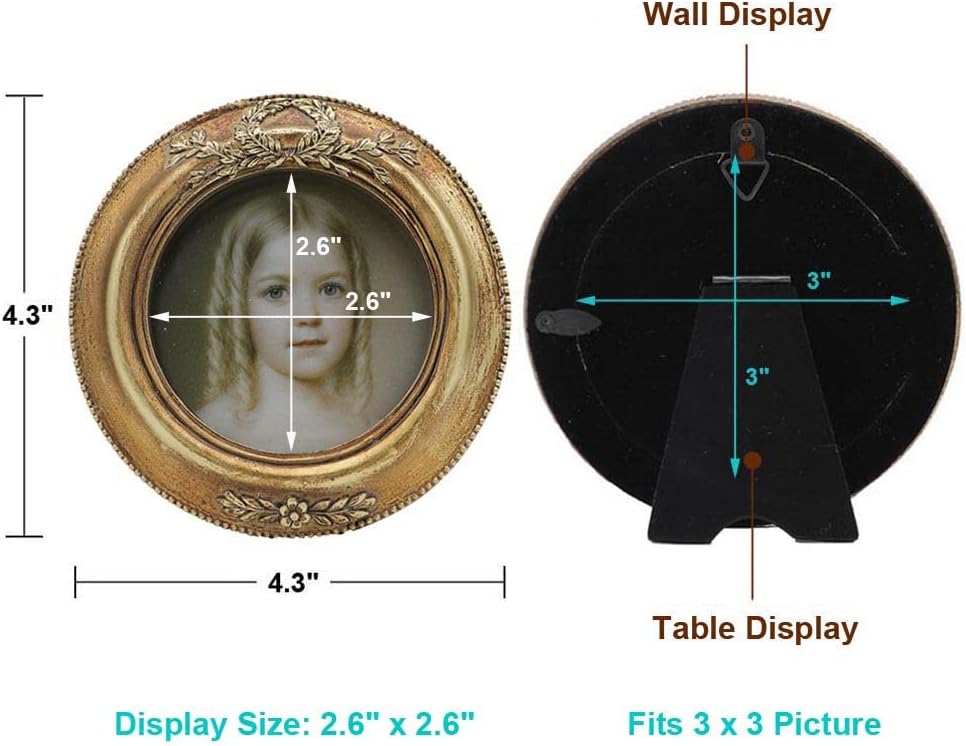 SYLVIA'S SHOP Small Vintage 3x3 Round Picture Frame, Mini Antique Ornate Circle Photo Frame, Table Top Display and Wall Hanging Home Decor, Old Fashioned Photo Gallery Art Deco, Bronze Gold