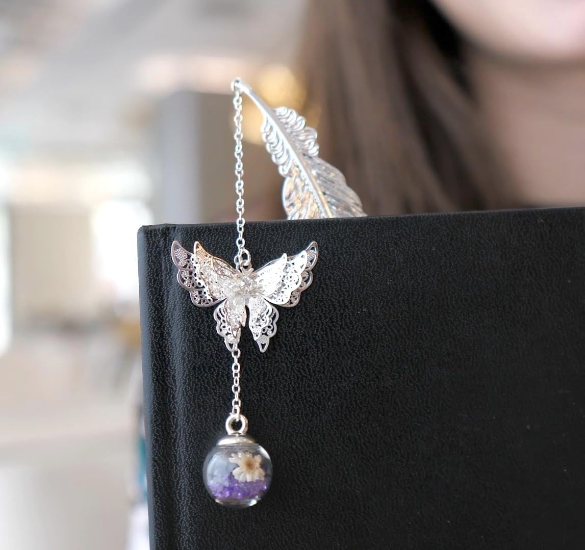 Toirxarn Silver Feather Bookmark with Butterfly Charm – Christmas Gifts for Women, Mom, Teachers, Book Lovers – Stocking Stuffers, Secret Santa, Birthday & Holiday Gift Box