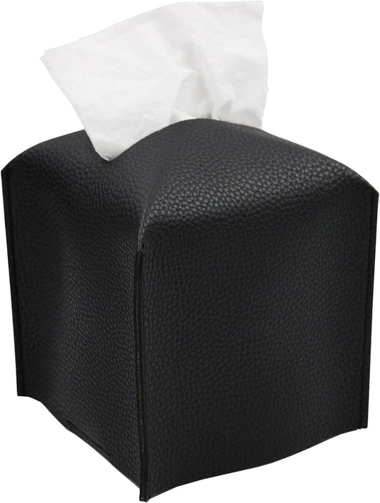 Livelab Tissue Box Cover, Square Decorative PU Leather Tissue Box Holder Modern Tissue Case Facial Paper Organizer Dispenser for Bathroom, Vanity Countertop, Night Stands, Desk, Car 5X5X5'' | Black