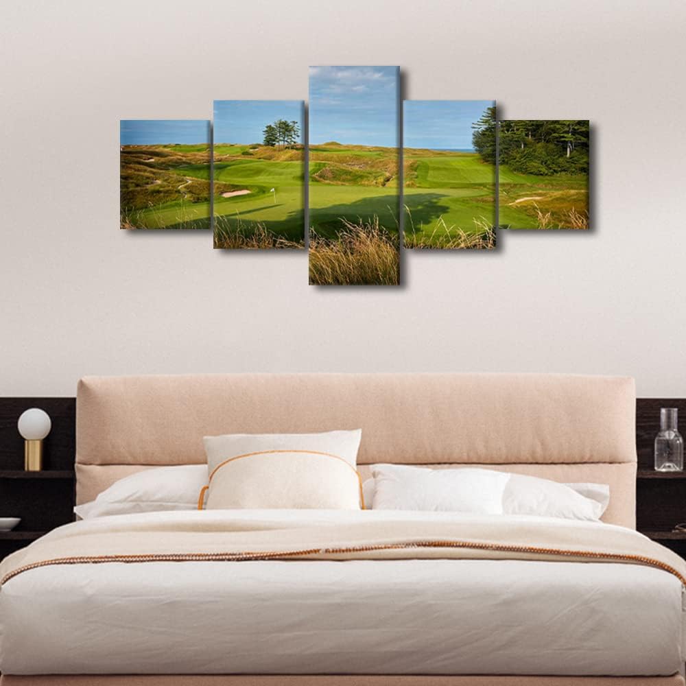 5 Piece Golf Course Canvas Wall Art Wisconsin Wall Art Golf Decor Whistling Straits Nature Landscape Poster Golf Course Field Wall Art Decor for Home Office Decor Framed Ready to Hang - 50"W x 24"H