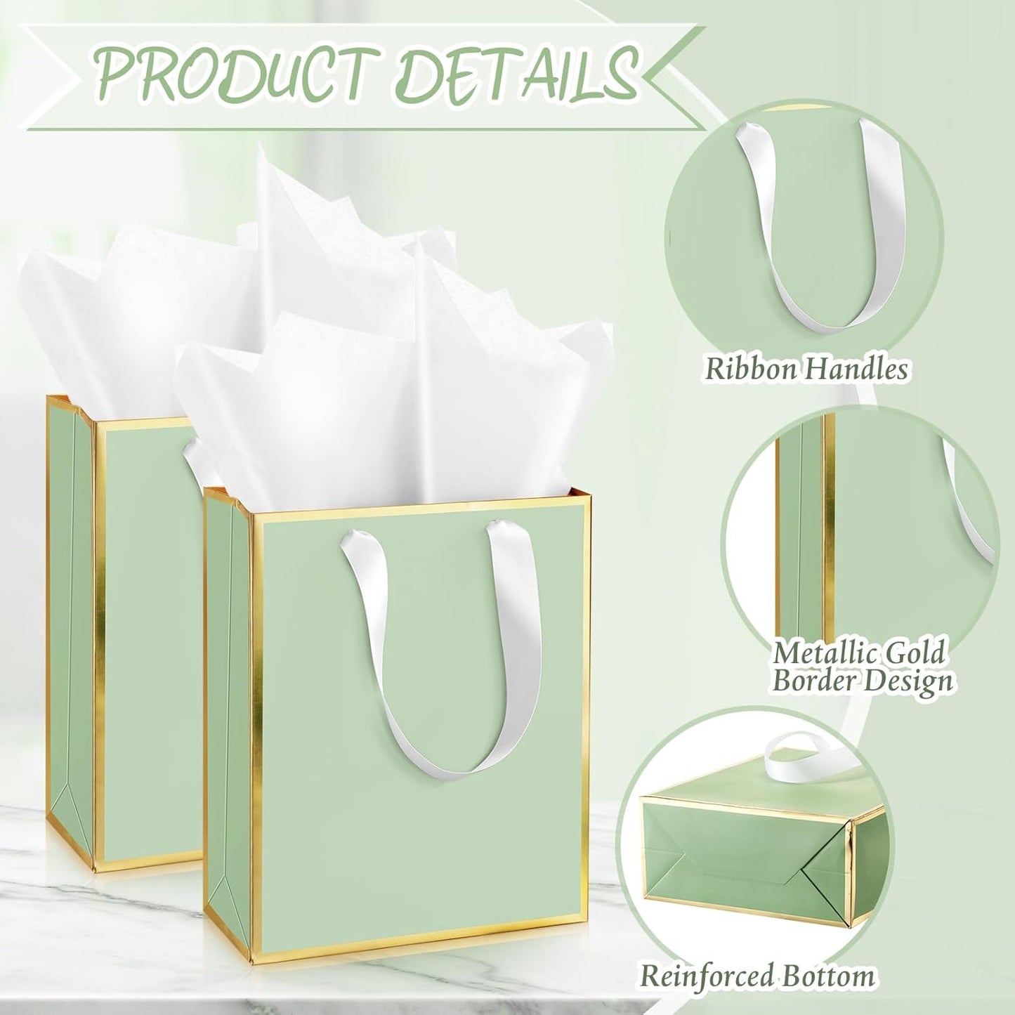 Yeaqee 24 Pack Metallic Paper Gift Bags with Handle and Tissue 9x7x3.1 Gold Foil Welcome Favor Bags Return Gifts for Wedding Fall 5 Senses Christmas Bridesmaid Birthday(Sage Green, Gold)