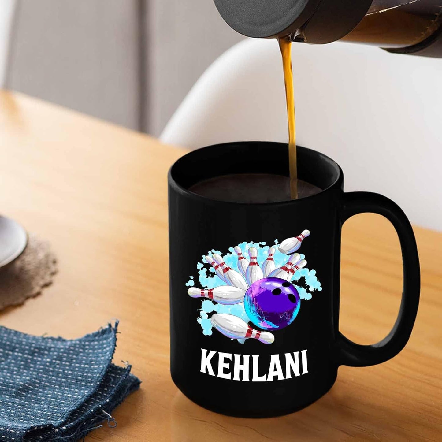 Personalized Bowling Black Ceramic Mug 11 Oz 15 Oz, Custom Bowling Ball Player Coffee Mugs With Choose Name, Strike Knock Down Pins Bowling Travel Mug, Bowling Sport Coffee Cup Gift For Bowling Lover